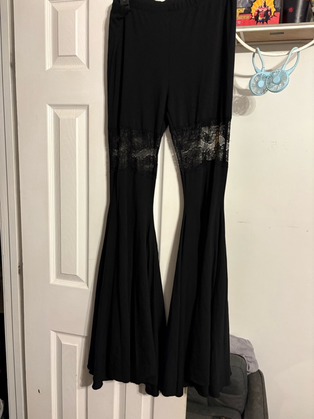 Dollskill Black Wide-Leg Pants with Lace Insets